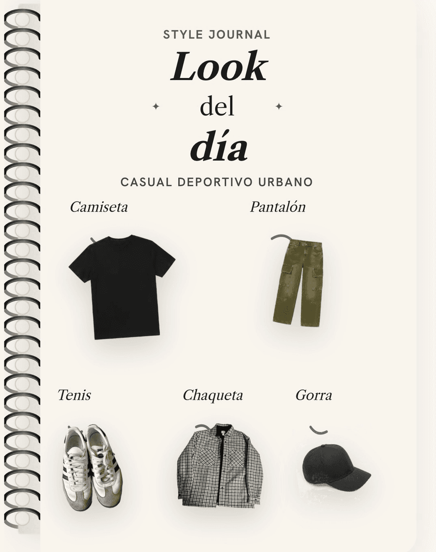 Página del Style Journal de StrandIA: el look del día con camiseta negra, pantalón cargo verde, tenis, chaqueta de cuadros y gorra, cada prenda colgada de una percha